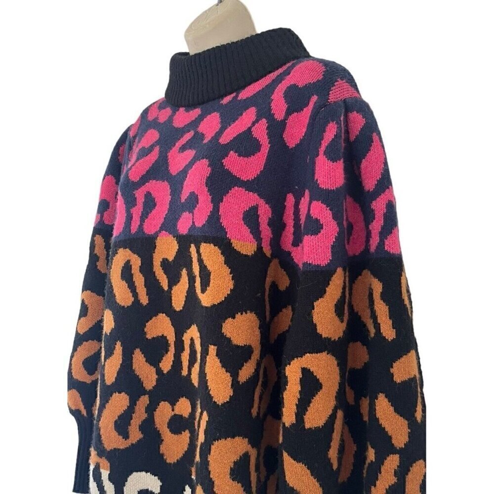 Farm Rio Mixed Leopards Sweater Dress Women's Sz S Pink Blue Orange Black White - Picture 5 of 11